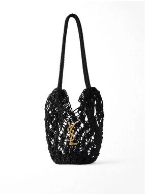 Saint Laurent Small Shopping Crochet Bag featuring gold-tone YSL logo hardware